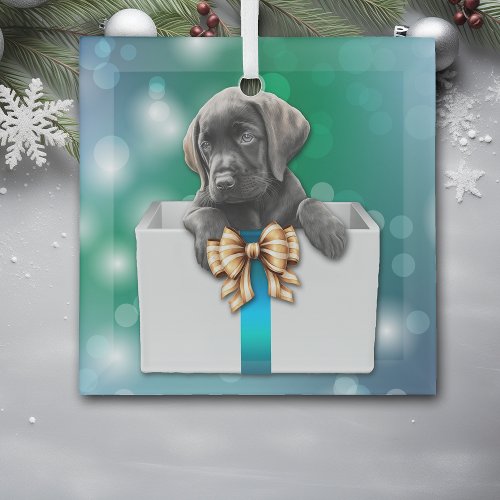 Labrador Retriever Puppy in Box Bokeh Christmas Glass Ornament