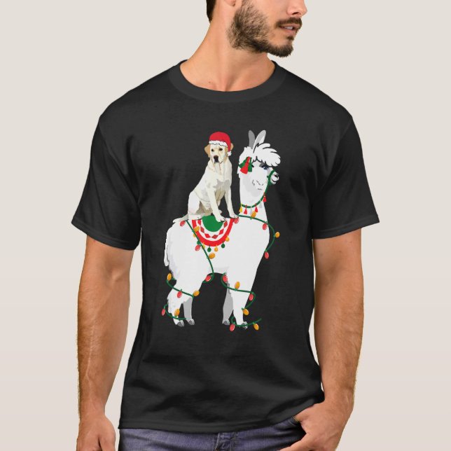 Labrador Retriever Riding Llama Lights Santa  Chri T-Shirt (Front)