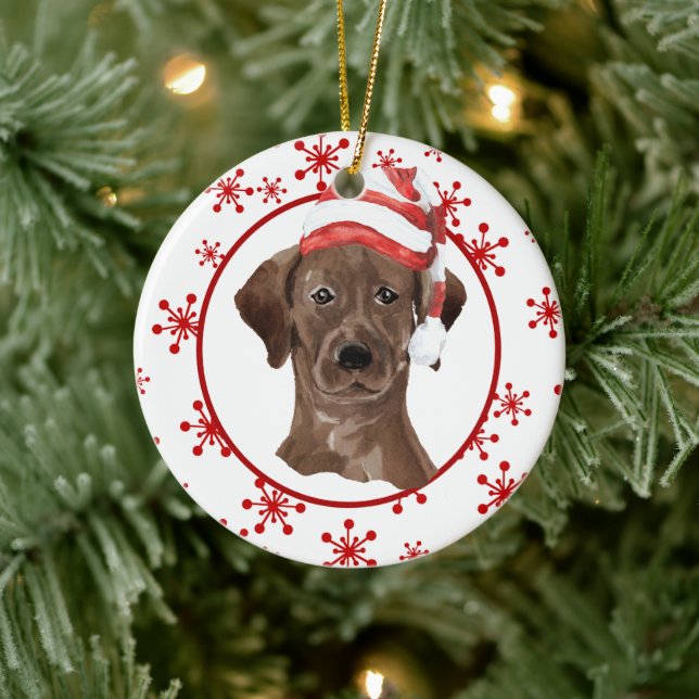 Labrador Retriever Santa Hat Red Snowflake Ceramic Ornament (Tree)