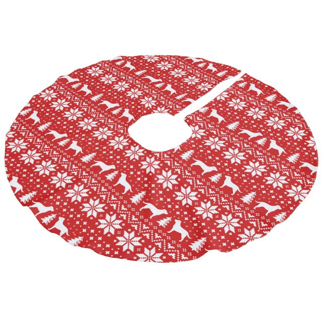 Labrador Retriever Silhouettes Pattern Red Faux Linen Tree Skirt (Angled)