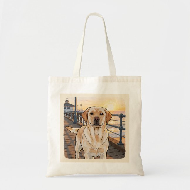 Labrador Retriever Sunset pier walk Tote Bag