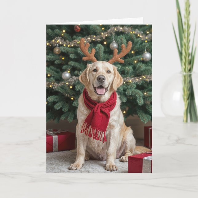Labrador Retriever With Reindeer Antlers Holiday Card (Front)