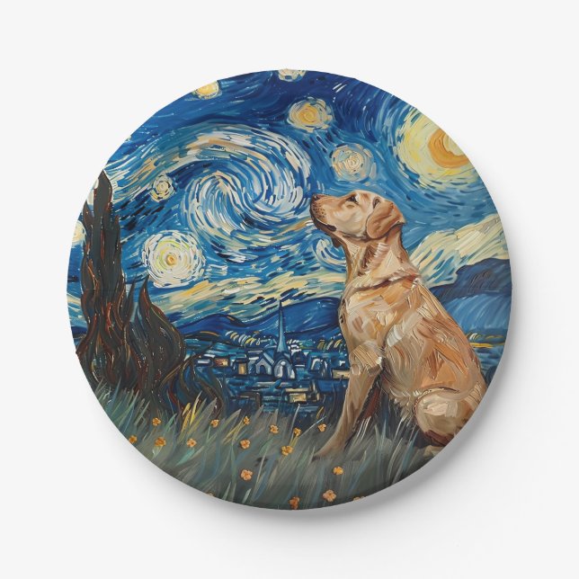 Labrador Retriever Yellow Lab Dog Starry Night Paper Plates (Front)