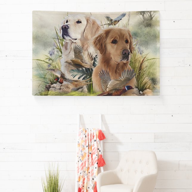 Labrador Retrievers with Pheasant ,Art  Banner (Insitu)