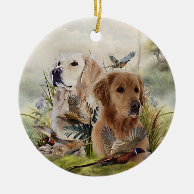 Labrador Retrievers with Pheasant ,Art  Ceramic Ornament (Front)