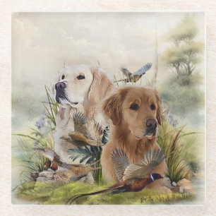Labrador Retrievers with Pheasant ,Art  Glass Coaster