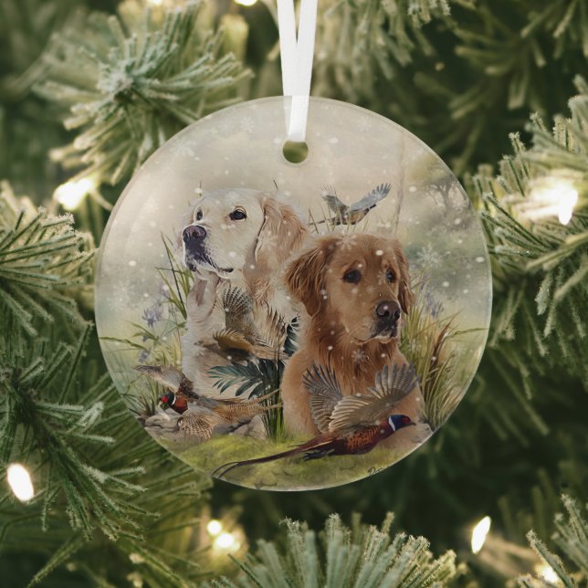 Labrador Retrievers with Pheasant ,Art  Glass Ornament (Insitu)
