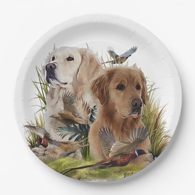 Labrador Retrievers with Pheasant ,Art  Paper Plates (Front)