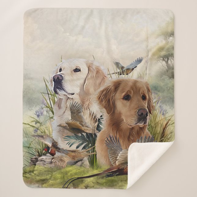 Labrador Retrievers with Pheasant ,Art  Sherpa Blanket (Front)