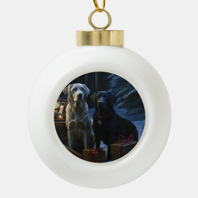 Labrador Snowy Sleigh Christmas Decor  Ceramic Ball Christmas Ornament (Front)