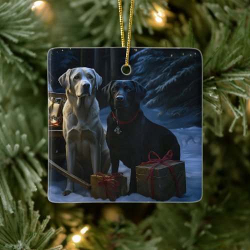 Labrador Snowy Sleigh Christmas Decor  Ceramic Ornament