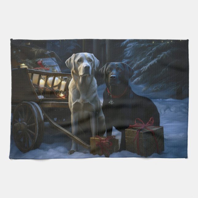 Labrador Snowy Sleigh Christmas Decor  Kitchen Towel (Horizontal)