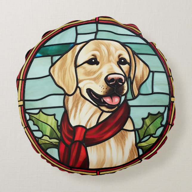 Labrador Stained Glass Christmas Round Pillow (Back)