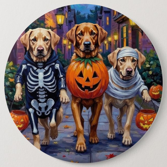 Labrador Trick-or-Treating in Halloween Costumes Button (Front)