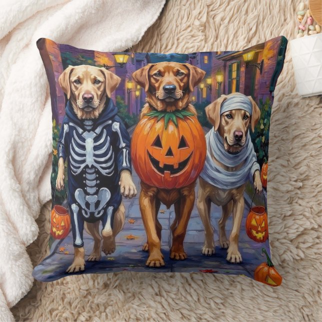 Labrador Trick-or-Treating in Halloween Costumes Throw Pillow (Blanket)
