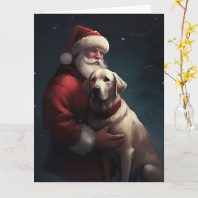 Labrador With Santa Claus Festive Christmas  Card (Yellow Flower)