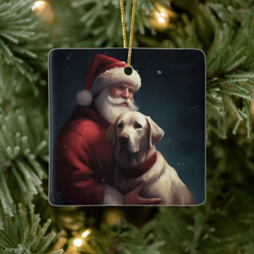 Labrador With Santa Claus Festive Christmas  Ceramic Ornament