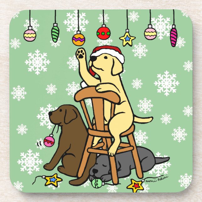 Labradors and Christmas Ornaments Cartoon Beverage Coaster (Front)