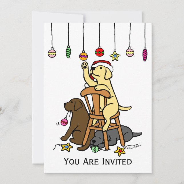 Labradors and Christmas Ornaments Cartoon Invitation (Front)