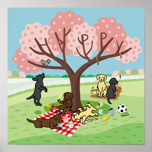 Labradors and Happy Cherry Blossom Poster