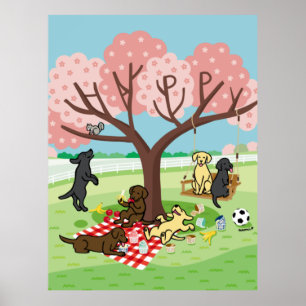 Labradors and Happy Cherry Blossom Poster