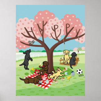 Labradors and Happy Cherry Blossom Poster