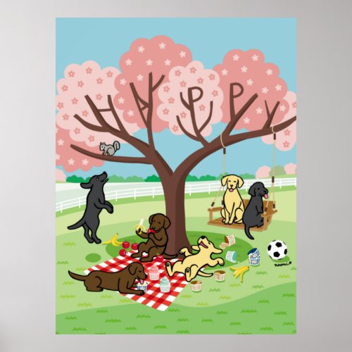 Labradors and Happy Cherry Blossom Poster