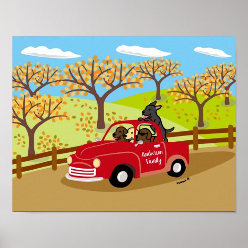 Labradors and Red Truck Fall View Poster