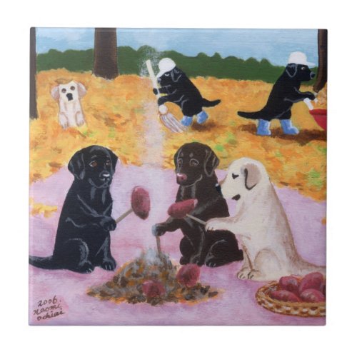 Labradors Autumn Fun Painting Ceramic Tile