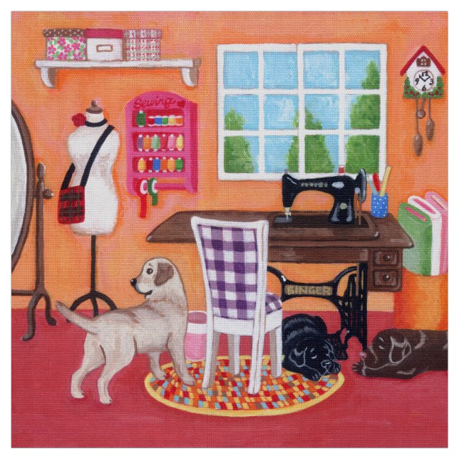 Labradors in Mom's Sewing Room Fabric (Swatch)