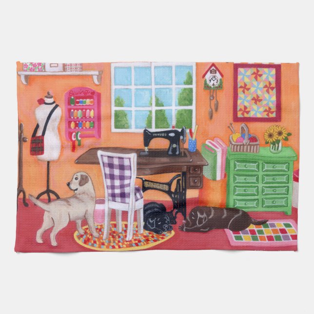 Labradors in Mom's Sewing Room Painting Kitchen Towel (Horizontal)