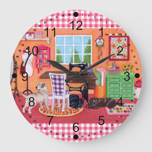 Labradors in Mom's Sewing Room Painting Large Clock (Front)