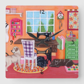 Labradors in Mom's Sewing Room Painting Square Wall Clock