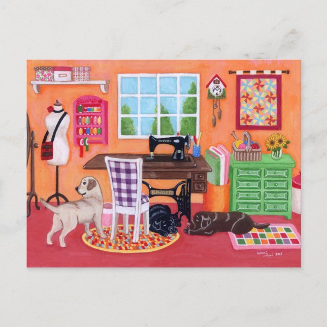 Labradors in Mom's Sewing Room Postcard (Front)