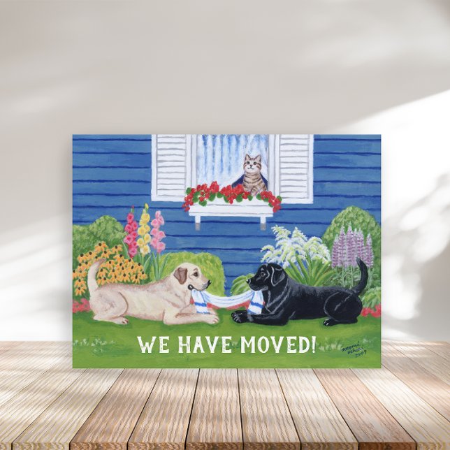 Labradors in the Garden New Address Announcement Postcard (Labrador in the Garden Design New Address Announcement Postcard for Labrador Owners.)