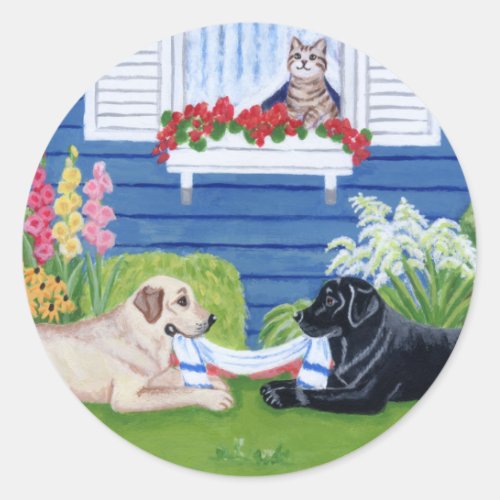 Labradors in the Garden Painting Classic Round Sticker