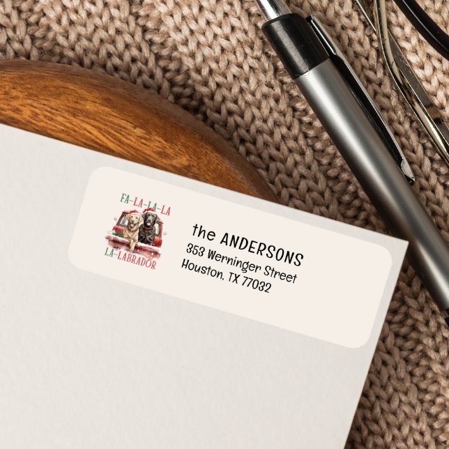 LABRADORS ON RED TRUCK FA LA LA CHRISTMAS LABEL (FA LA LA LABRADOR VINTAGE RED TRUCK RETURN ADDRESS FOR DOG LOVERS LABRADOR RETRIVER OWNER CHRISTMAS )