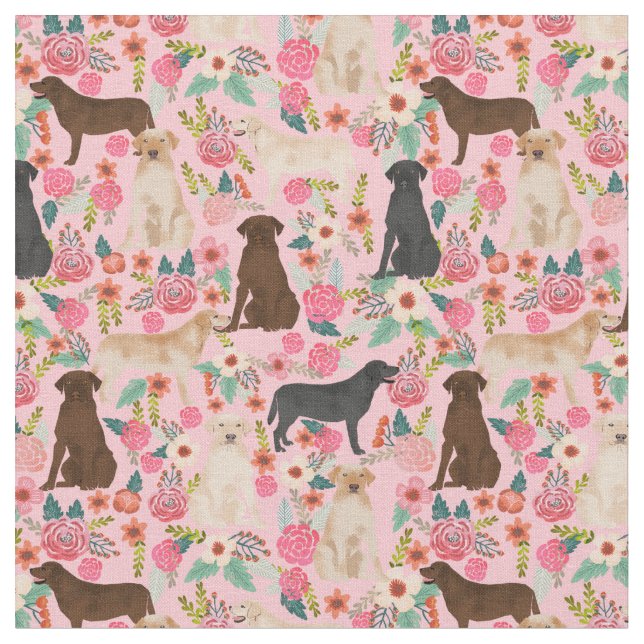 Labradors vintage florals pink fabric (Close Up)