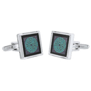 LABYRINTH III Silver Plated Square Cufflinks Black
