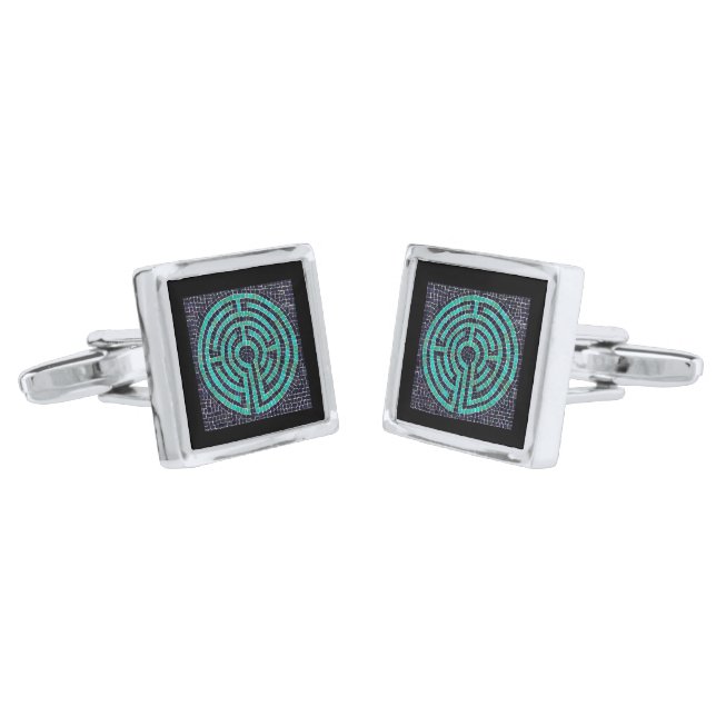 LABYRINTH III Silver Plated Square Cufflinks Black (Angled)