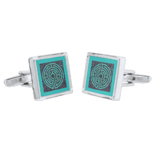 LABYRINTH III Silver Square Cufflinks - Turquoise