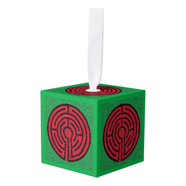 LABYRINTH IX Wooden Cube Ornament (Front Angled)