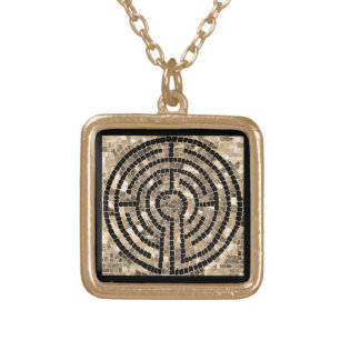 LABYRINTH V Gold Finish Square Necklace