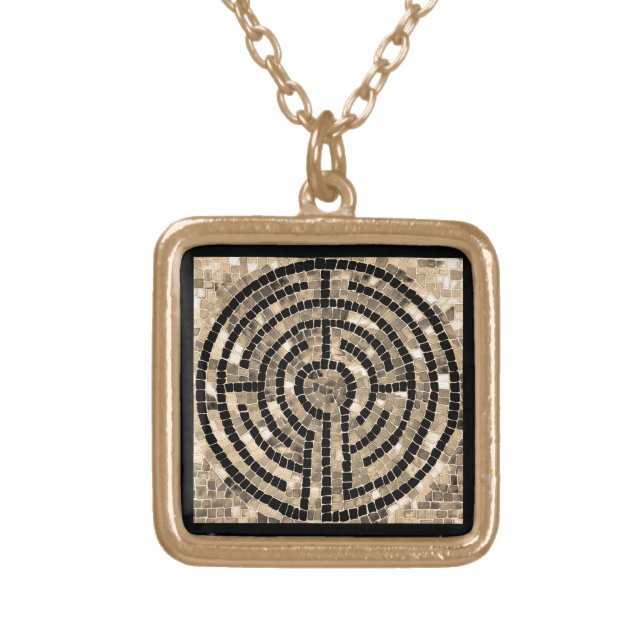 LABYRINTH V Gold Finish Square Necklace (Front)