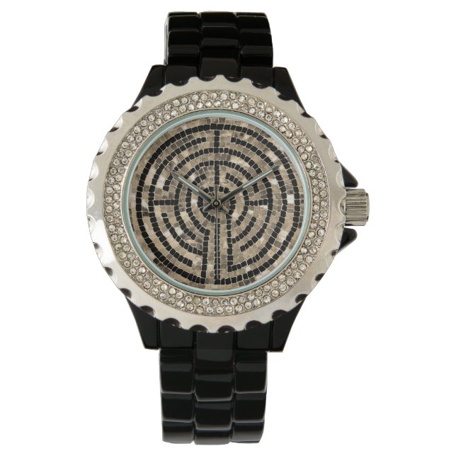 LABYRINTH V Rhinestone Black Enamel Watch (Front)