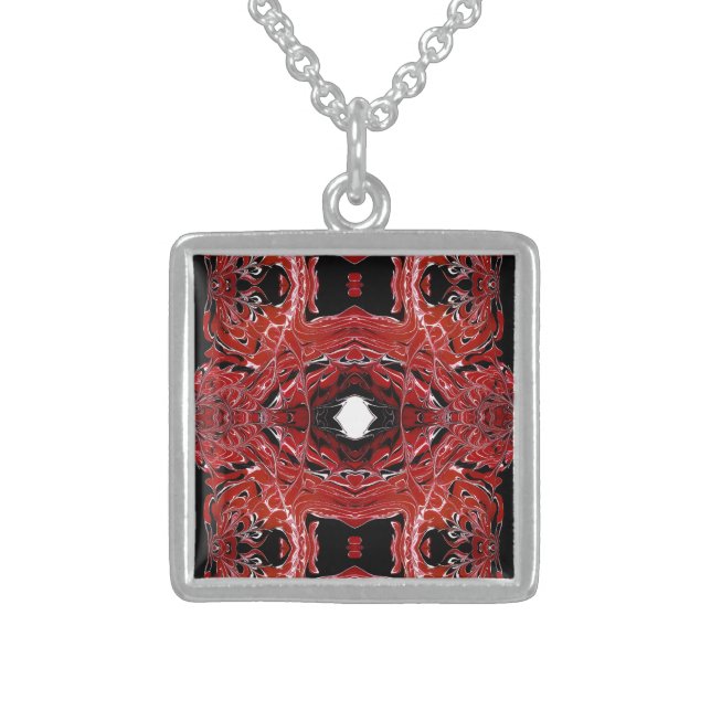 Labyrinthine Red Abstract Acrylic Fluid Art Sterling Silver Necklace (Front)