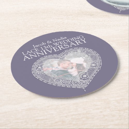 Lace 13th wedding anniversary heart photo coasters