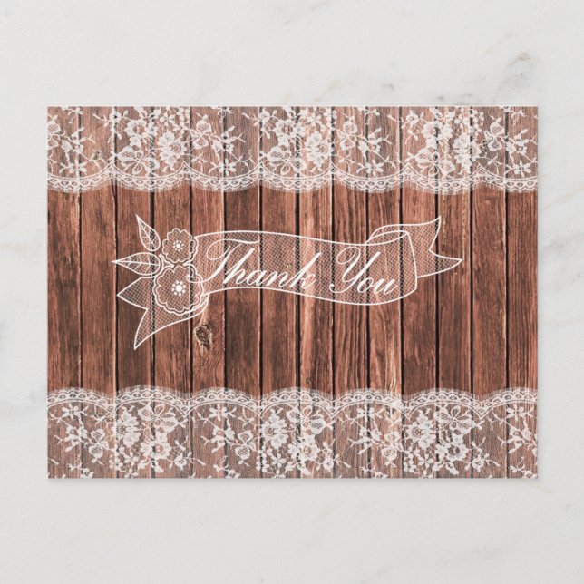Lace and Barn Wood Rustic Country Thank You Postcard (Front)