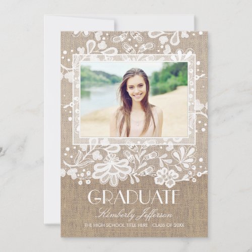 Lace and Burlap Elegant Photo Graduation Party Invitation - Elegant white lace and burlap photo graduation announcement and graduation party invitation in one