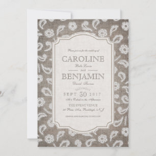 Lace and burlap elegant rustic country wedding invitation